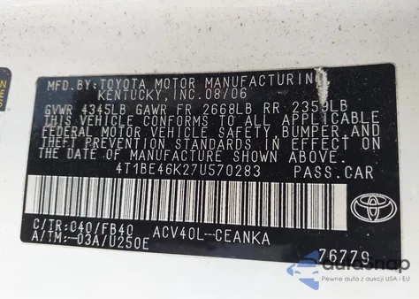 2007 Toyota Camry Le из США, поврежденный, VIN 4T1BE46K27U570283